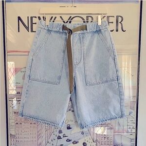 ZARA Light Denim NWT Utility Shorts Olive Belt Elastic Waist Size Small